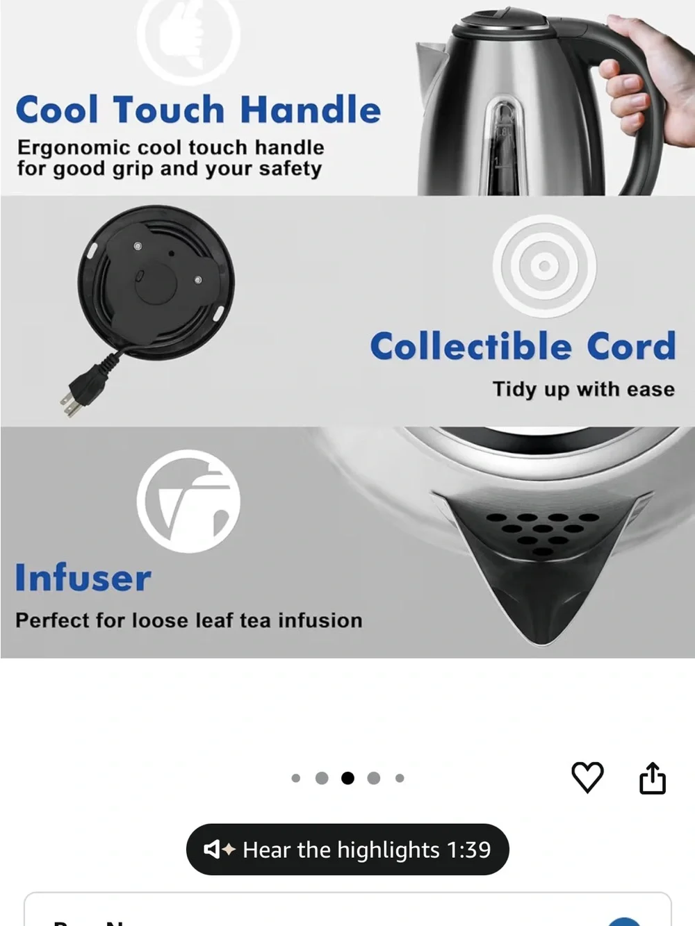 *2538* “7x10” Ketfii Stainless Steel Electric Kettle - Silver & Black